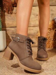 1 Pair Women's Brown Chunky Heel Ankle Boots, Lace-Up Side Zipper Buckle Round Toe Fashion Ankle Boots - Brown - View 5