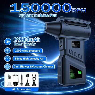 150000 RPM Air Duster & Vacuum Cleaner, 5‑Speed Brushless Motor Mini Jet Fan With LED Digital Display & LED Light, Type‑C Cordless Compressed Air Blower For PC Keyboard Car Interior Dust Cleaning, 2*2000mAh Battery, Multiple Nozzles