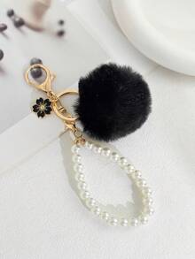 Furry Pom‑Pom Pearl Wrist Strap Keychain, Cute Enamel Flower Charm Keyring, Soft Plush Ball Handbag Ornament Decoration Gift For Ladies - Multicolor - View 6