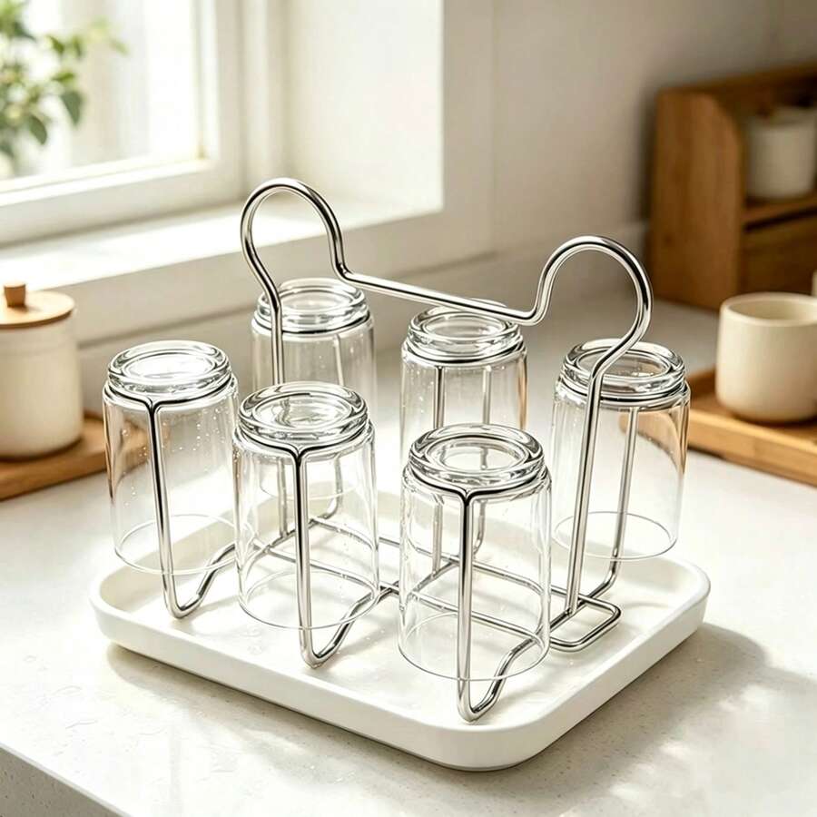 1pc 6‑Cup Stainless Steel Cup Drying Rack, Detachable Drip Tray With Handle, Kitchen Countertop Mug Storage Organizer - Multicolor - View 1