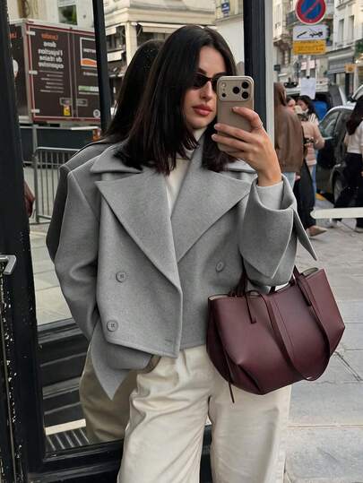 Autumn/Winter Solid Color Lapel Long Sleeve Short Slim Fit Wool Coat, Commuter Office Street Style Urban Jacket