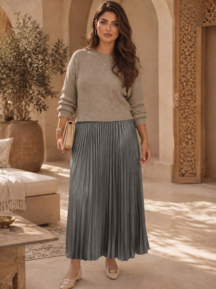Plus Size Women Casual Long Sleeve Knit Patchwork Pleated Midi Dress, Autumn/Spring Elegant