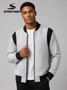 1pc Grey Contrast Baseball Collar Men's Sweatshirt, Men's Sweatshirt Jacket, Men's Long Sleeve Sweatshirt With Black Ribbed Shoulder Patchwork Design, Sporty Casual Style, Suitable For Campus, Commuting, Shopping, Afternoon Tea Gathering, Office - Grey - View 2