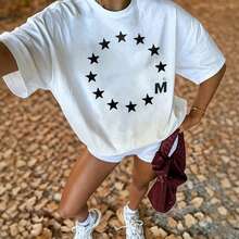 Streetwear Star Circle Graphic T-Shirt, White With Black Stars & M Logo, Crew Neck Short Sleeve Relaxed Fit Breathable Cotton - White - View 2