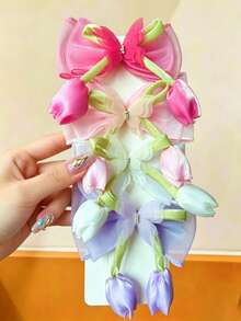 4/2pcs Girls Multi-Color Tulip Flower Bow And Triple Layer Mesh Rhinestone Butterfly Combination Hair Clips, Cute And Sweet Back Of Head Hair Accessories Suitable For Daily Wear, Outings, Vacations, Parties, Dates And Other Occasions, Women's Hair Accessories - Multicolor - View 1
