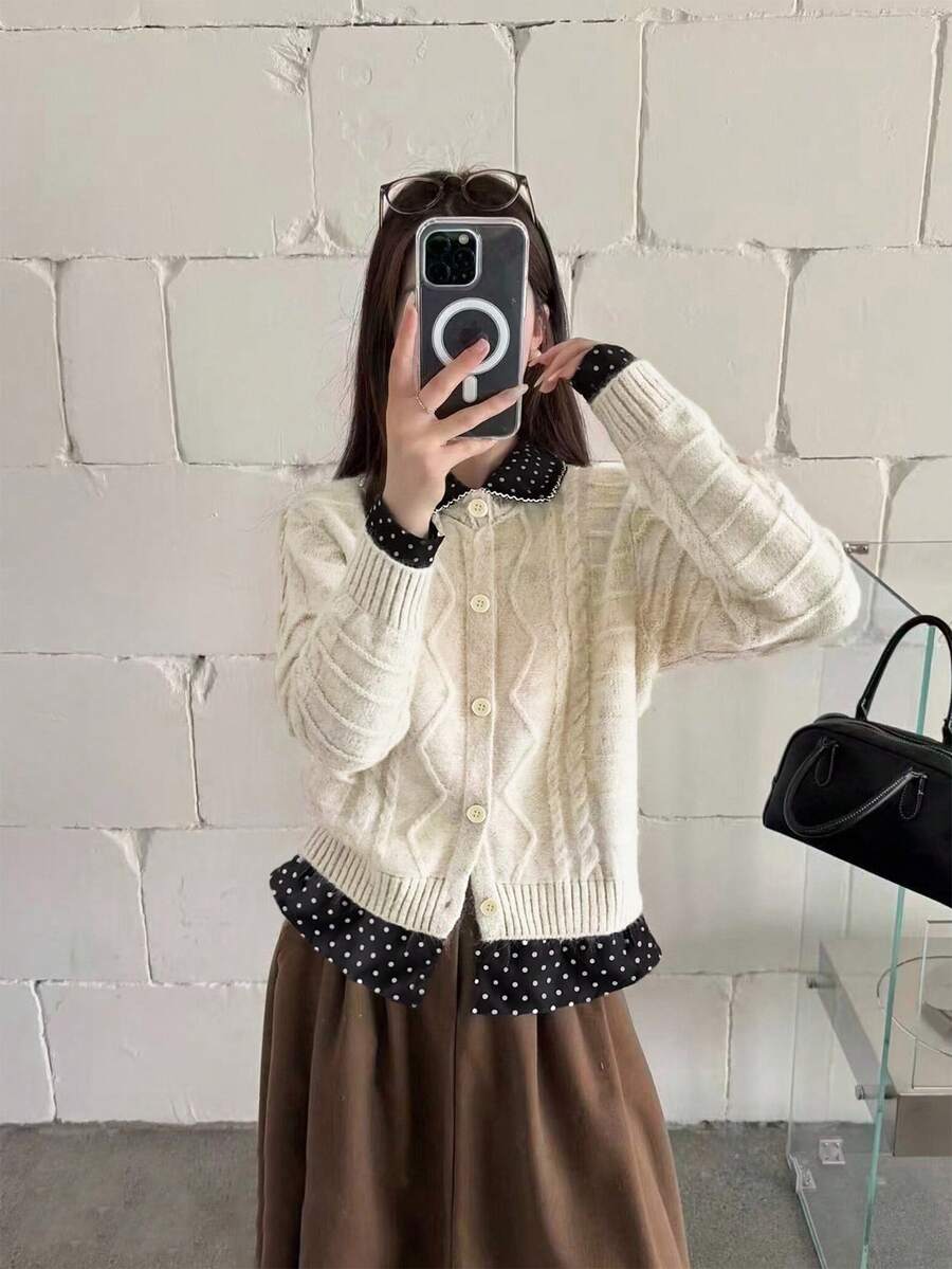 Women's 2-In-1 Vintage Polka Dot Cardigan Jacket, Autumn/Winter New Cable Knit Sweater, Slim Fit Sweet & Cool Top - Apricot - View 1