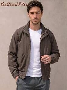Vancamel Pulse Men's Solid Color Stand Collar Zip-Up Utility Outdoor Sports Jacket, Loose Drop Shoulder Large Pockets Lightweight Casual Short Jacket - Brown - View 1