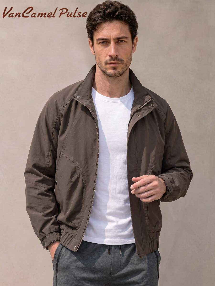 Vancamel Pulse Men's Solid Color Stand Collar Zip-Up Utility Outdoor Sports Jacket, Loose Drop Shoulder Large Pockets Lightweight Casual Short Jacket - Brown - View 1
