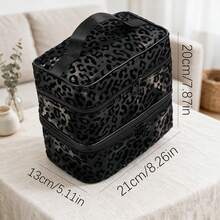 1pc Black Minimalist Mesh Material Double Layer Makeup Bag, Leopard Print Women's Toiletry Bag, Portable Storage Bag, Convenient For Travel And Carrying - Black - View 5