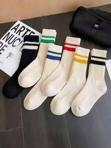 5/6 Pairs Random Men's Mid-Calf Socks, Fashionable Style, Moisture-Wicking, Long Socks, Striped Letter Pattern, Japanese Streetwear Style, Suitable For Daily Wear - Multicolor - View 2