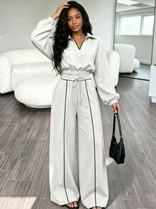 RNU Women's Light Gray Lapel Half-Zip Sweatshirt 2 Pieces Set, Autumn/Winter Style, Cropped Waist Top With Contrast Color Drawstring Wide Leg Pants, Side Pockets Design, Loose Lantern Sleeves, Casual American Style, Comfortable For Daily Wear, Shopping And Home - Light Grey - View 6
