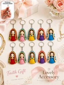 10pcs Colorful Crochet Style Virgin Mary Keychain, 2D Flat Acrylic Floral Praying Girl Pendant, Cute Religious Faith Bag Charm, Car Key Chain Accessory, Suitable For Daily Commute, Church Gathering, Baptism, Religious Memorial, Holiday Party And Faith Gift - Multicolor - View 9