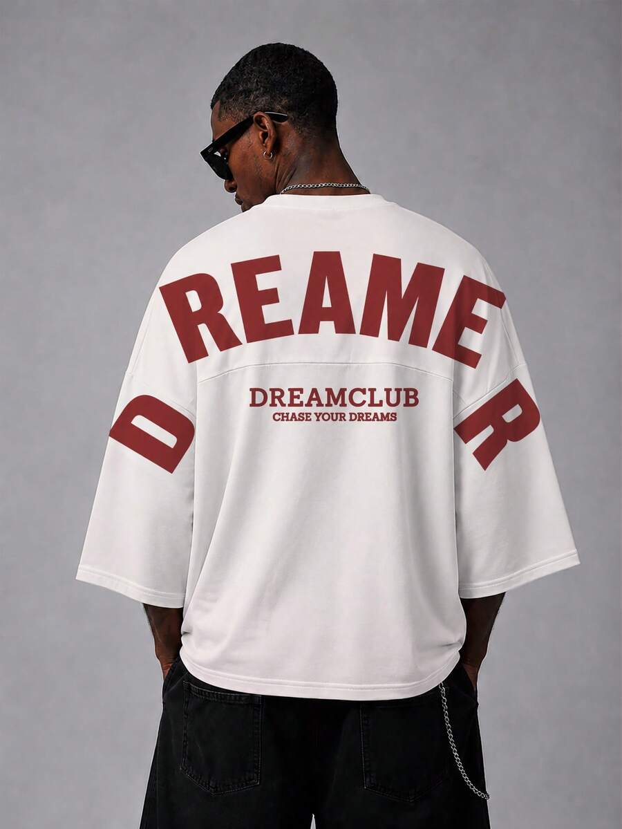 DREAMER 男士大尺碼字母印花圓領短袖休閒百搭寬鬆版型T恤 - 白色 - 查看 1