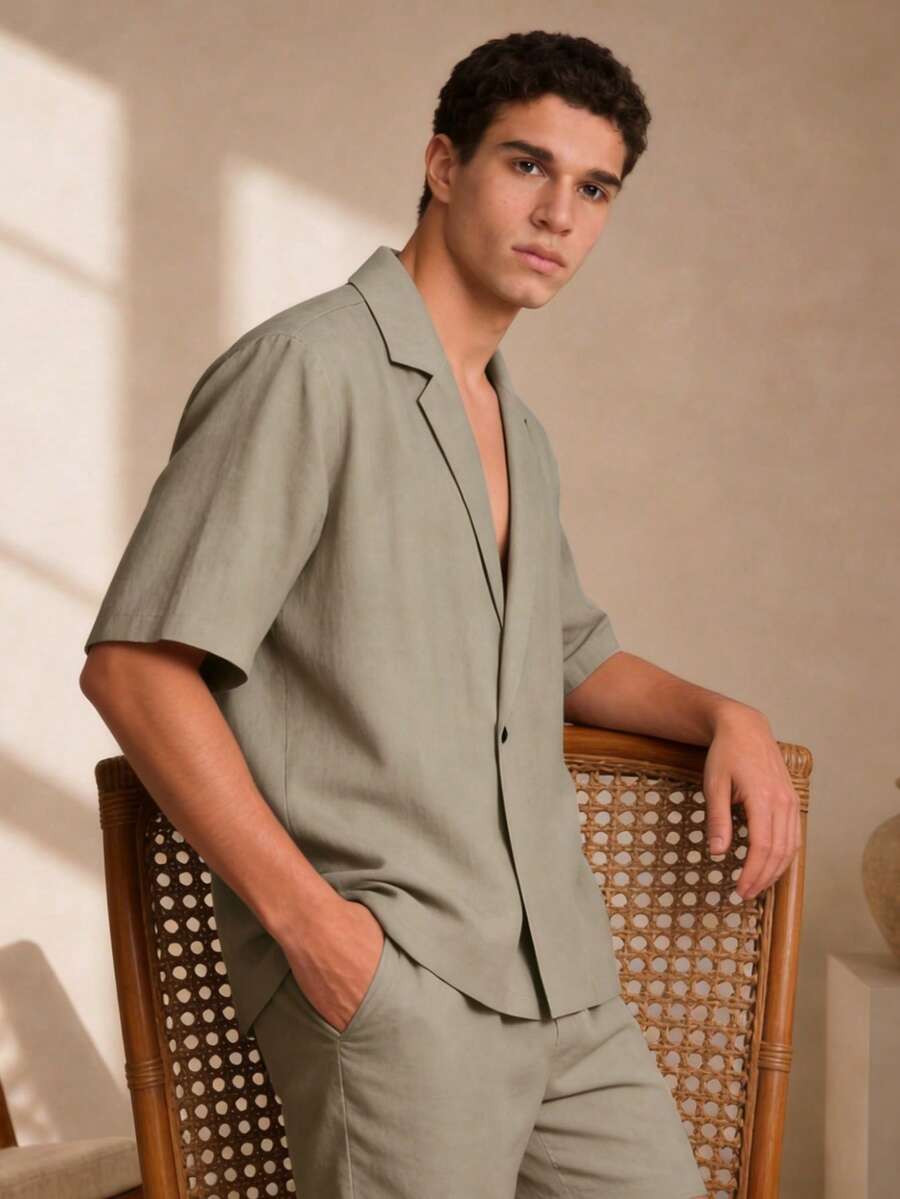 Men's Solid Color Lapel NeckShort Sleeve Single Button Casual Shirt - Army Green - View 1