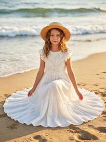 Vestido largo de niña preadolescente con parches de encaje floral calado - Blanco - Ver 3