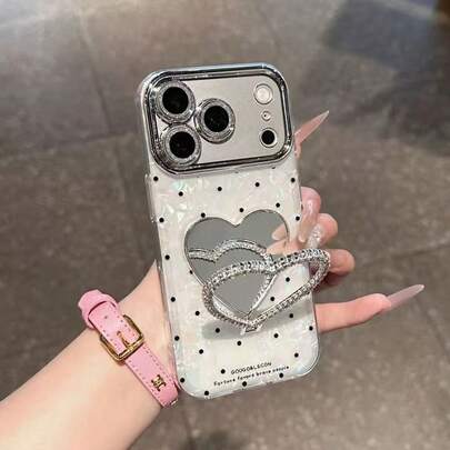 Korean Style Polka Dot Heart Mirror Stand Phone Case Compatible With IPhone 17, 16 Pro Max, 15, 14, 13, 12, 11, New Fashion Minimalist Full Coverage Anti-Drop Protective Cover