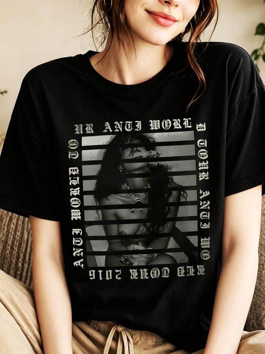 Rihannaa Anti World Graphic T‑Shirt 100% Cotton For Women, Oversized, Vintage, Summer Casual, Crew Neck Short Sleeve Top - Black - View 1
