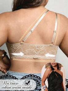 Bra Renda Satu Bahu Asimetris Ukuran Plus, Renda Bunga yang Nyaman dan Bernapas, Penutup Kait & Mata Multi-Baris di Depan, Penyangga Push-Up dengan Kawat Penyangga, Desain Renda di Bagian Belakang - Krem - View 2