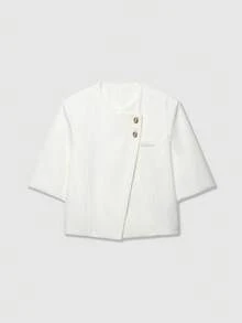 Women's Round Neck Short Sleeve Double-Breasted Coarse Wool Blazer - White - View 1