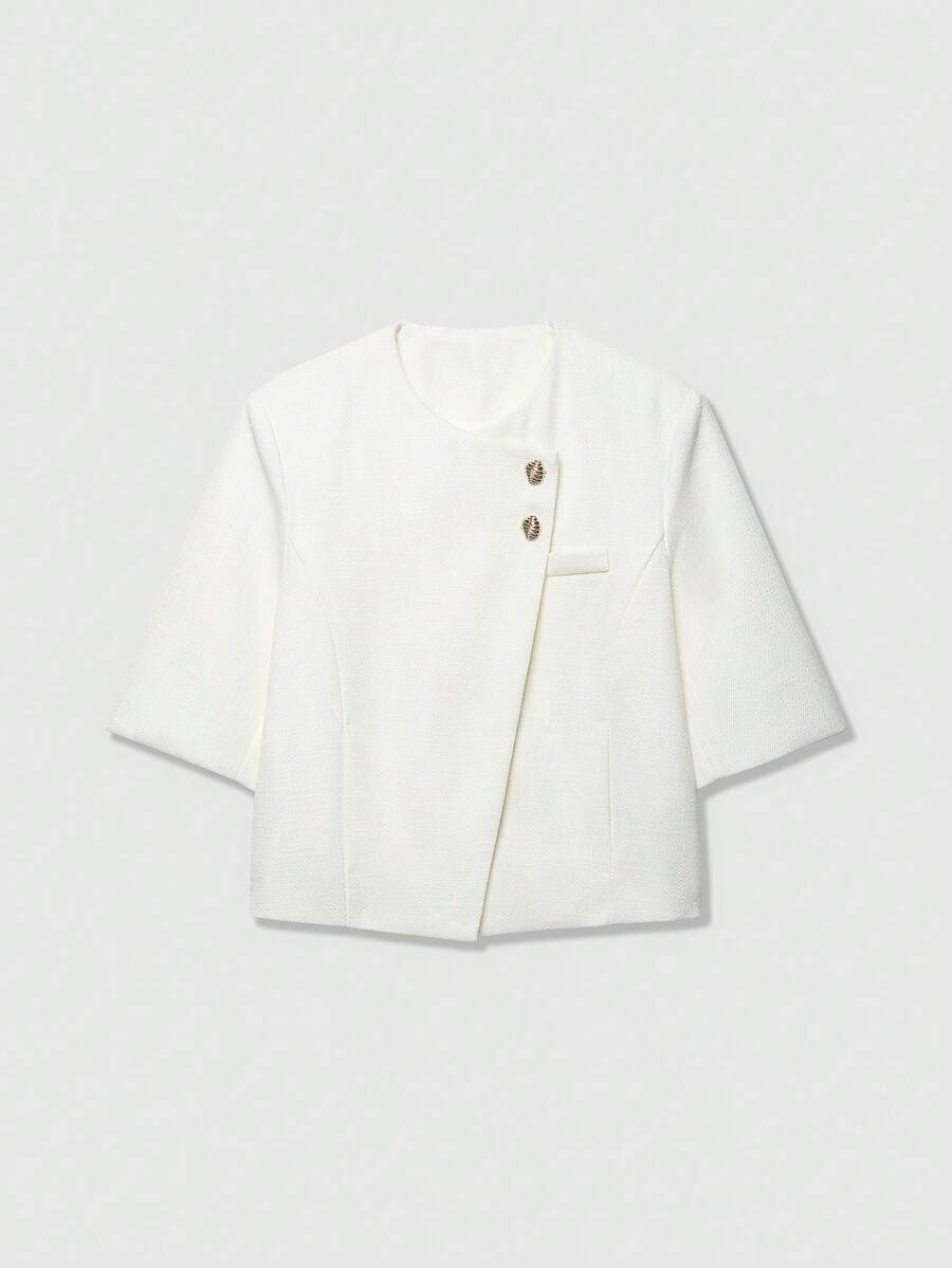 Women's Round Neck Short Sleeve Double-Breasted Coarse Wool Blazer - White - View 1