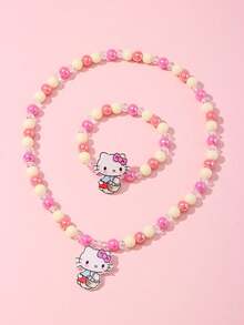 2pcs Sanrio Kids Jewelry Accessories Cute Kitty Pendant Beaded Bracelet Necklace Set, Suitable For Holiday Parties, Campus Birthday Gifts For Girls - Multicolor - View 6