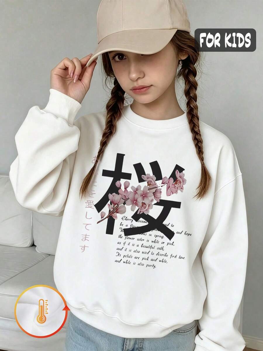 Autumn Girls Hoodie With Pink Sakura Print And Japanese Lettering, Long Sleeve Crew Neck, Loose Fit - White - View 1