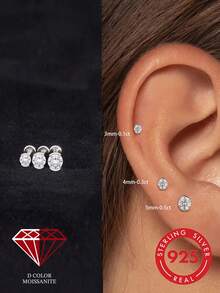 1pc 0.3ct Moissanite 925 Sterling Silver 18K Gold Plated Flat Back Cartilage Spiral Ear Stud Bridal Jewelry Daily Wear Wedding - Silver - View 17