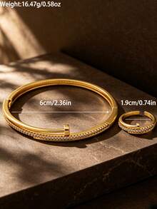 Letingsha 2pcs/Set Minimalist Luxury Gold-Plated Zirconia Jewelry Set, Bracelet And Open Ring, Suitable For Women's Wedding, Banquet And Daily Party Wear - Yellow Gold - View 4