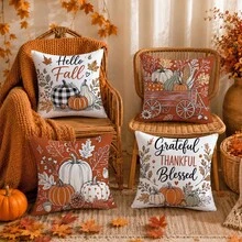 4pcs Vintage Autumn Pumpkin Pattern Cushion Covers, Single-Sided Printed Skin-Friendly Peach Skin Velvet Material, 45*45CM Pillow Covers Suitable For Room Decoration, Indoor Sofa Living Room Decoration Party Decoration, Decorative Cushion Covers Gift - Multicolor - View 8