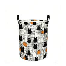 1PC Cute Halloween Print Storage Basket With Handles, Black Cat Ghost Pumpkin Spider Web Pattern Household Organizer Bin, Suitable For Multi‑Purpose Storage Of Clothes Sundries, Home And Room Decor - Black, White and Gray - View 7