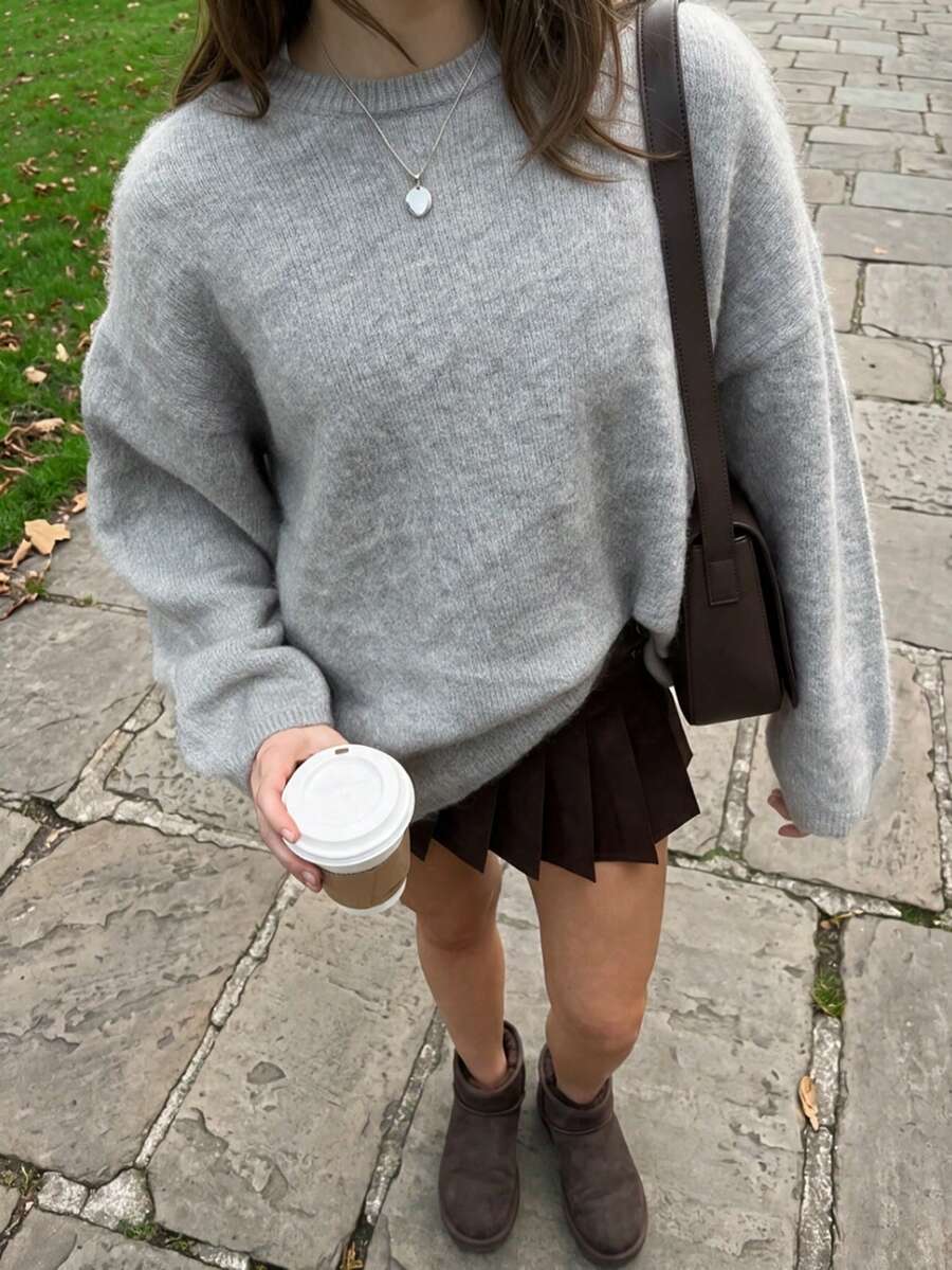 FOR BEAUTY Women's Y2K Soft Grey Floral Round Neck Loose Oversized Knit Pullover Sweater, American Street Style Casual Wear, Autumn/Winter - Light Grey - View 1