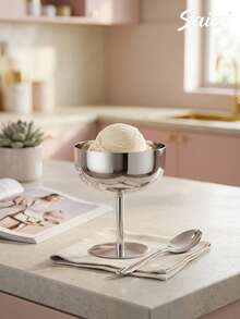 INS Style Premium Silver Stainless Steel Dessert Cup With Spoon Set, High Foot Ice Cream Cup/Yogurt Bowl, Stackable For Easy Storage, Afternoon Tea Atmosphere Tableware - Multicolor - View 3