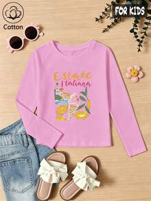 Girls Cotton Raglan Long Sleeve Tee For Fall Winter, Cartoon Ice Cream Lemon Print, Sweet Preppy School Style - Light Wine Red - View 3