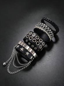 Xiacheng 1/3/4 Pcs Punk Rock Studded Bracelet, Biker Cuff | Black Leather, Adjustable Leather Cuff,Y2K Gothic, Wrap Bangle, Snap Button Gift For Halloween - Multicolor - View 8