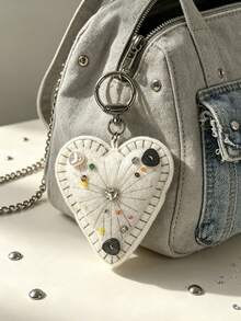 1pc Y2K Beaded Heart Fabric Bag Charm, Handmade Felt Heart Keychain / Bag Pendant With Center Rhinestone Or Sequin Embellishment And Radial Stitching Decoration, Niche Accessory, Creative Gift - Multicolor - View 3