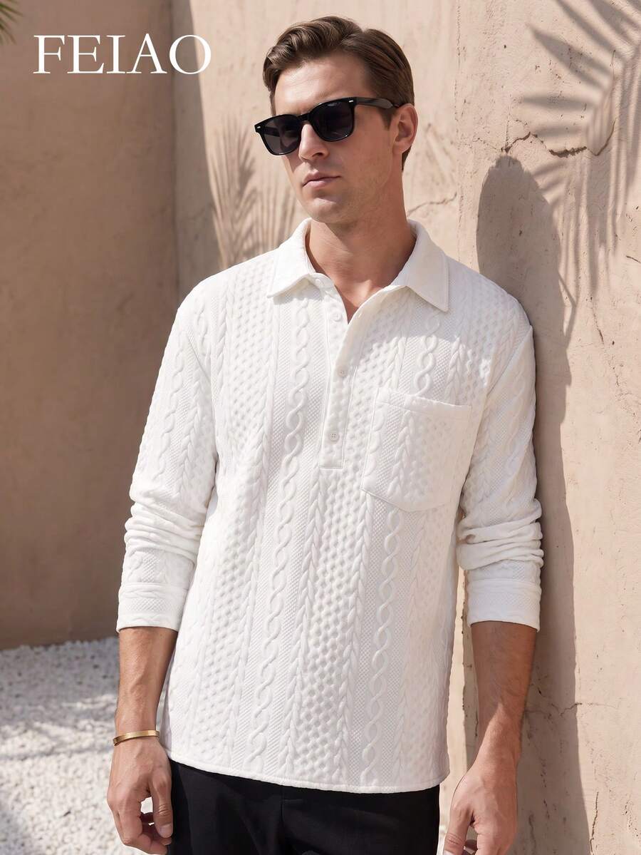 FEIAO Men's Retro "Old Money" Style Long-Sleeve Shirt With 3D Texture-Casual, Stylish, And Versatile For Commuting; Perfect For Both Fall And Winter - White - View 1