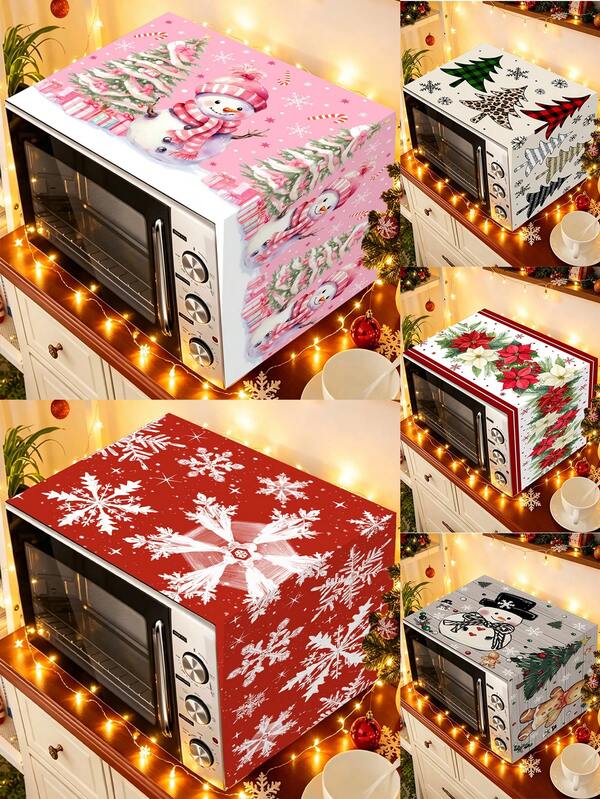 1 pieza Funda antipolvo para microondas de Navidad de 35x90cm de poliéster con patrones de hombre de jengibre, árbol de Navidad, copo de nieve, flor de pascua y muñeco de nieve, resistente al polvo y a las manchas, adecuada para decoración de cocina, artículos del hogar, decoración de dormitorio, regalos de Navidad y regalos de cumpleaños