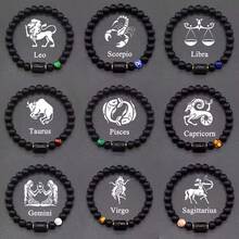 12 Zodiac Signs Bracelet Natural Stone Beaded Elastic Bracelet Valentine's Day Or Birthday Gift For Couples And Friends - Black - View 1
