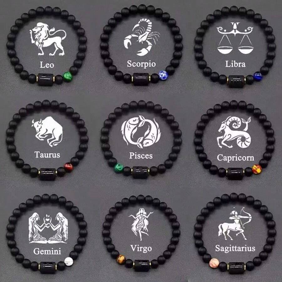 12 Zodiac Signs Bracelet Natural Stone Beaded Elastic Bracelet Valentine's Day Or Birthday Gift For Couples And Friends - Black - View 1
