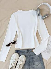 Women's Cotton Long Sleeve T-Shirt, Simple Pattern Design, White Base With Black Airplane Print - White - View 5