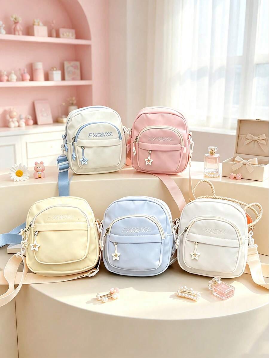 Sweet Girl Mini Crossbody Bag, Soft Color Nylon Mini Shoulder Bag With Star Pendant, Lightweight Multi-Pocket Phone Crossbody Bag, Suitable For Daily Outings, School And Shopping - Multicolor - View 1