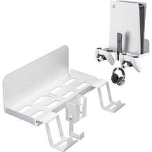 P5 Wall Mount, 5-In-1 Heavy-Duty Steel Console Wall Bracket With Dual Controller Holders, Headset Hanger & Remote Holder, Vented Space-Saving Gaming Organizer For Disc & Digital Editions, White - View 2