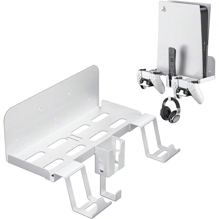 P5 Wall Mount, 5-In-1 Heavy-Duty Steel Console Wall Bracket With Dual Controller Holders, Headset Hanger & Remote Holder, Vented Space-Saving Gaming Organizer For Disc & Digital Editions, White