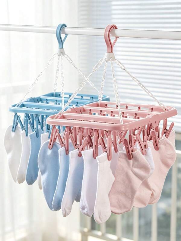 1pc Rotating 32-Clip Plastic Clothes Hanger, Space-Saving Foldable Hanging Rack For Socks, Underwear And Small Clothing, Bedroom Bathroom Closet Dorm Storage, Travel College Essentials, Home Decor, Laundry Room Storage Rack