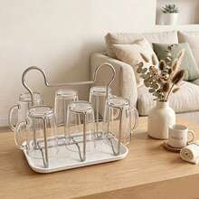 1pc 6‑Cup Stainless Steel Cup Drying Rack, Detachable Drip Tray With Handle, Kitchen Countertop Mug Storage Organizer - Multicolor - View 9