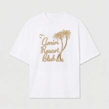 Oversized Fit Crew Neck Short Sleeve Gold Palm Print Resort Club Soft Cotton Comfortable Casual Summer Streetwear - White - View 5