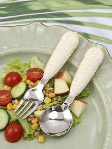 1pc/2pcs Creative Corn-Shaped Handle 304 Stainless Steel Spoon & Fork Set, Reusable Home Dessert Spoon And Salad Small Fork, Suitable For Salad, Ice Cream, Cake, Dessert And Fruit Elegant Small Tableware - View 5