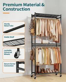 Clothes Rack, Heavy-Duty Garment Rack With Shelves & Wheels, Freestanding Wardrobe Organizer With Hooks, Ideal For Bedroom, Laundry, Or Balcony, 32.5" X 11.9" X 78.9" - Black - View 2
