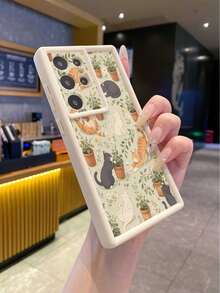1pc Fashion Pure Android TPU Material Potted Cat Element Pattern Lens Protection Thickened Anti-Drop Anti-Fingerprint Beige Diamond Sand Phone Case Compatible With Samsung/Transsion/HONOR/ - Beige - View 4