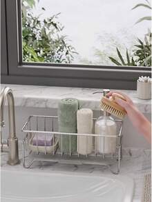 Kitchen Sink Sponge Holder, Metal Sink Storage Rack With Drainage Tray, Faucet Mounted And Countertop Mounted Sponge Brush Soap Storage Rack, Kitchen Sink Storage Basket Sponge Brush Holder With Drainage Tray Sink Rack - Multicolor - View 4